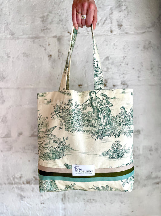Tote Bag Marcel Ecru et Vert en toile de Jouy
