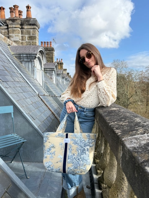 Cabas Emile Beige et Bleu en toile de Jouy