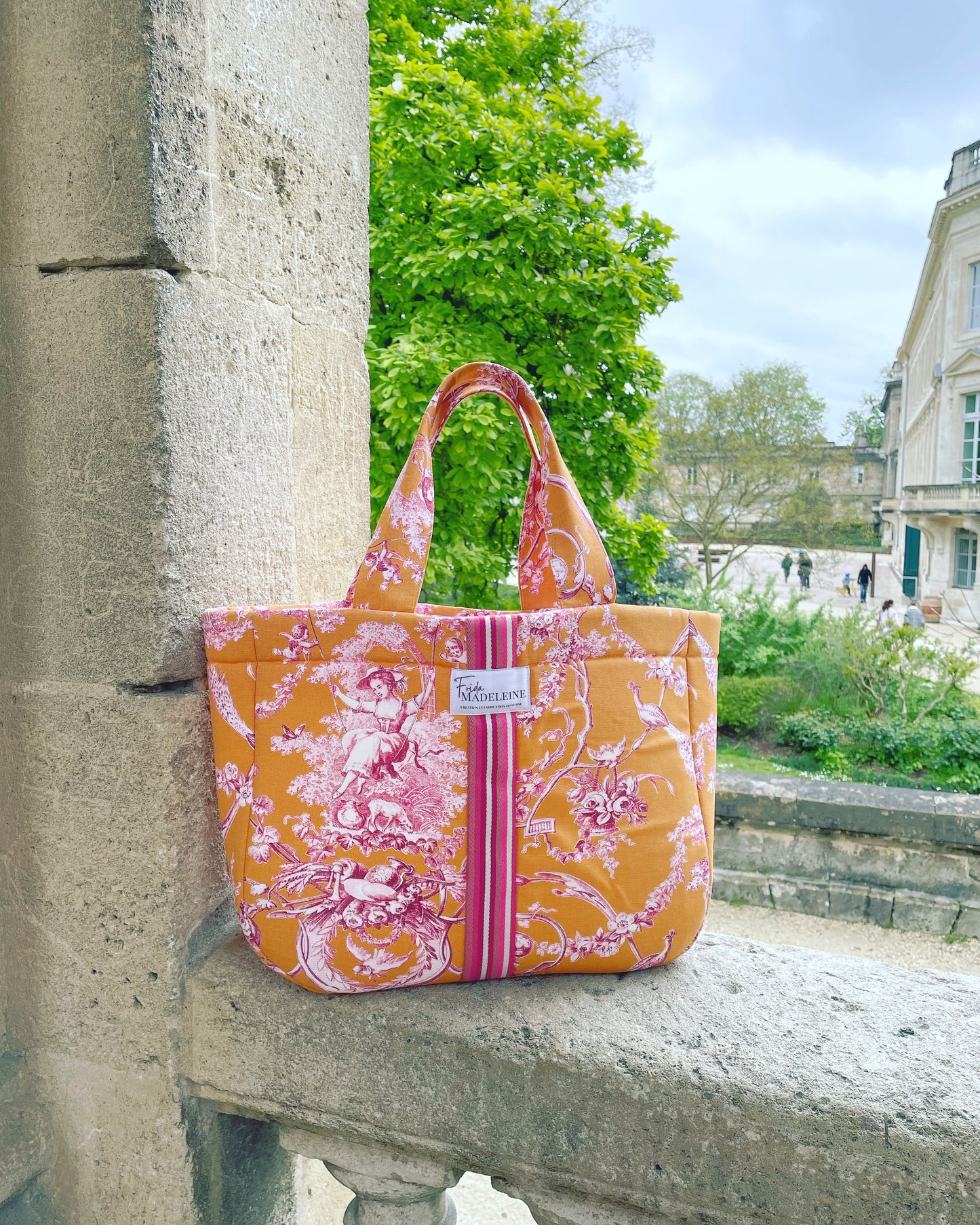 Cabas Emile Orange en toile de Jouy
