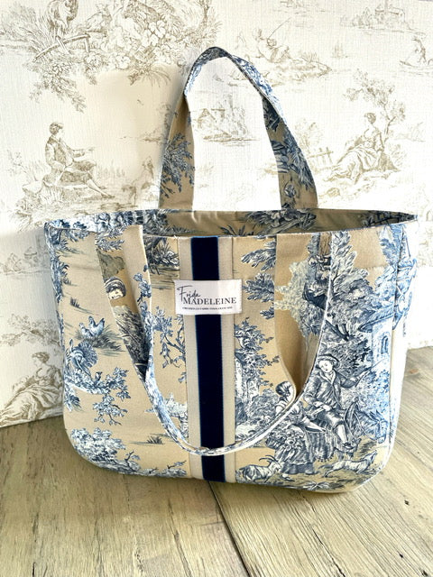 Cabas Emile Beige et Bleu en toile de Jouy