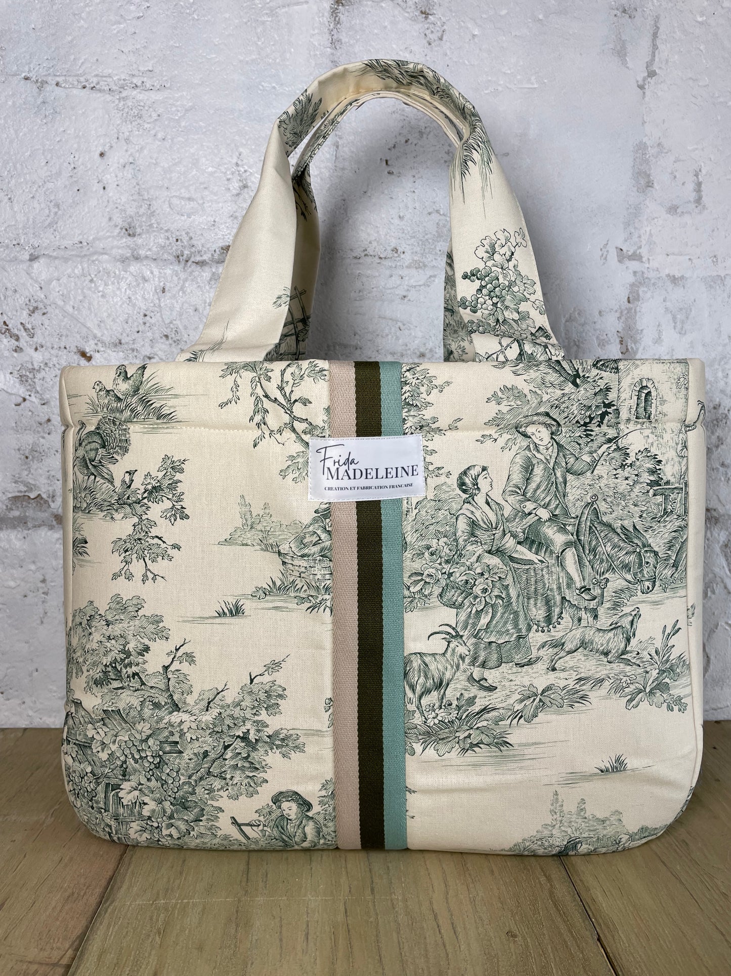 Cabas Emile Ecru et vert en toile de Jouy