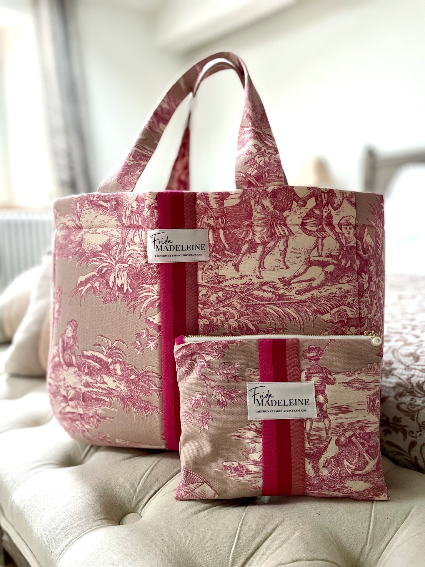 Cabas Emile Rose Pétale en toile de Jouy