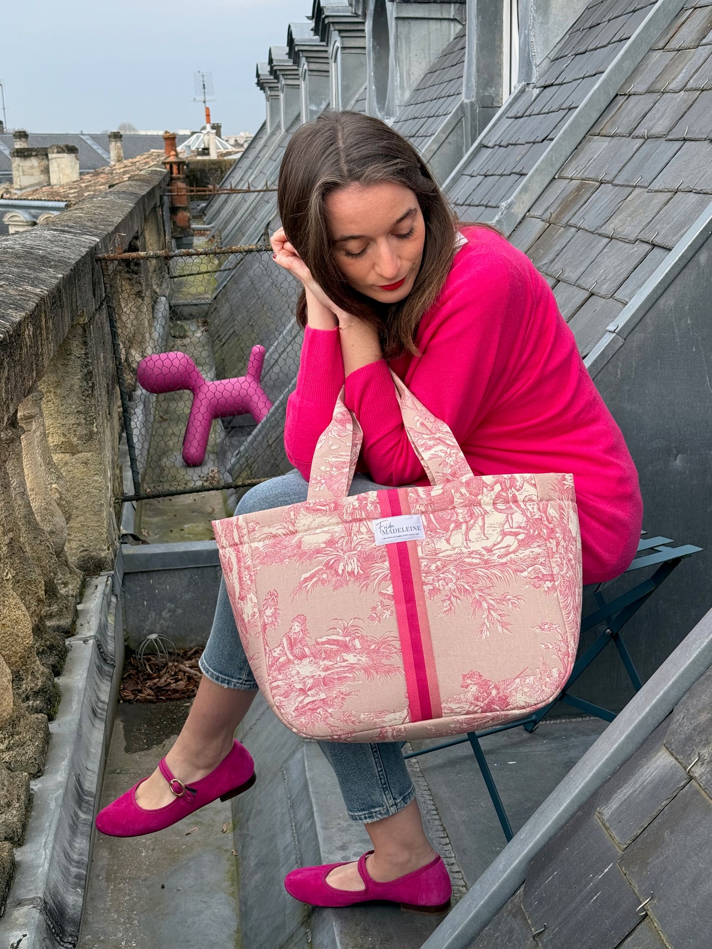 Cabas Emile Rose Pétale en toile de Jouy