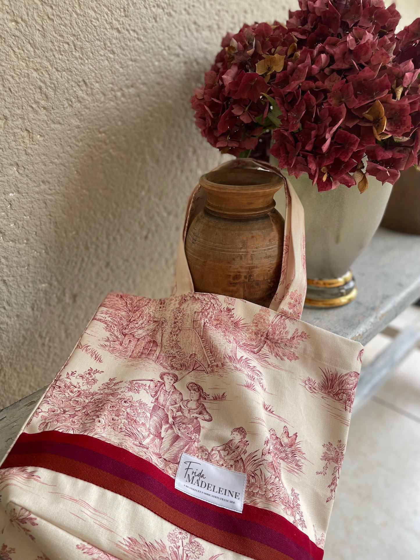 Tote Bag Marcel Ecru et Bordeaux en toile de Jouy