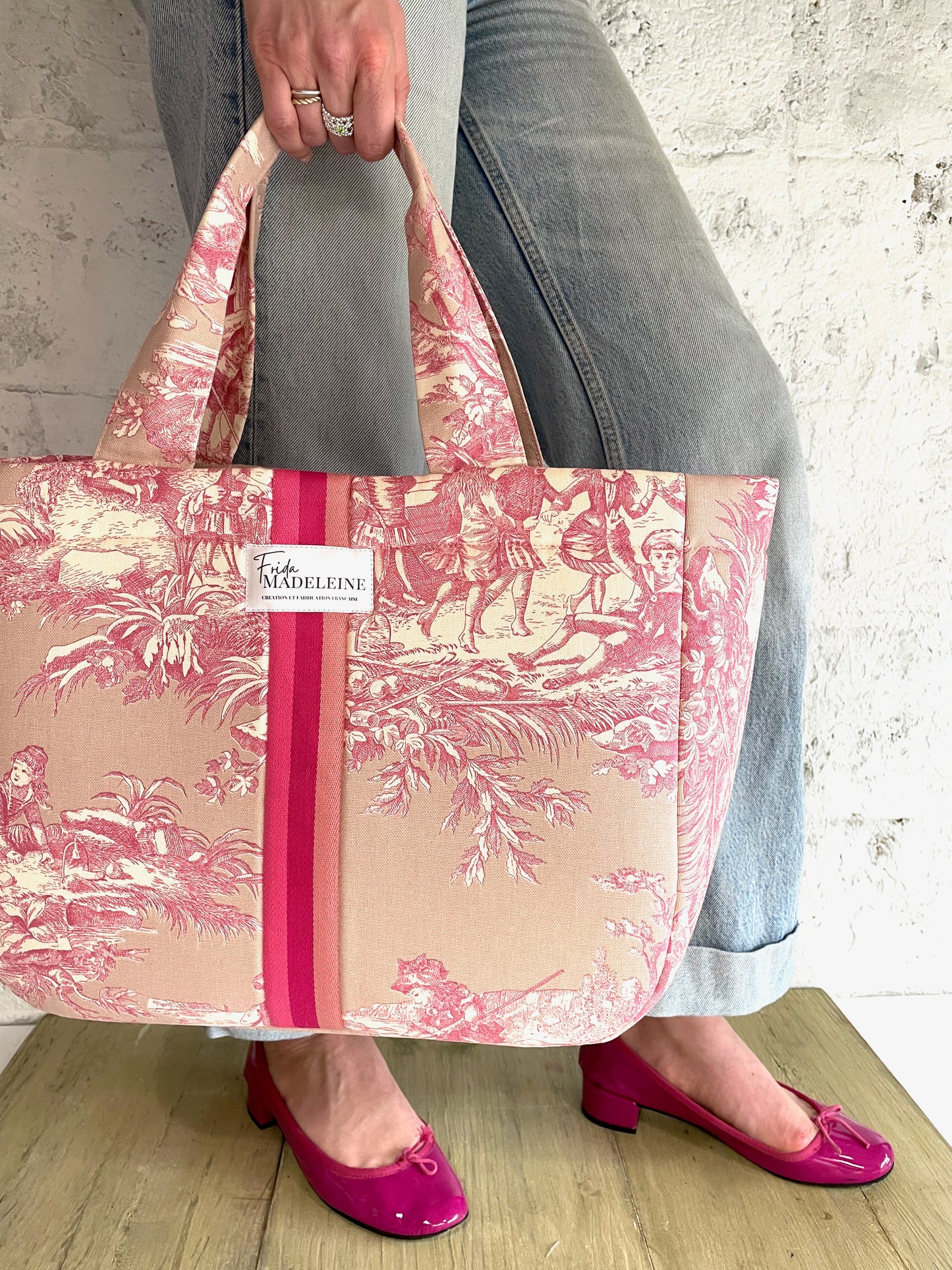 Cabas Emile Rose Pétale en toile de Jouy