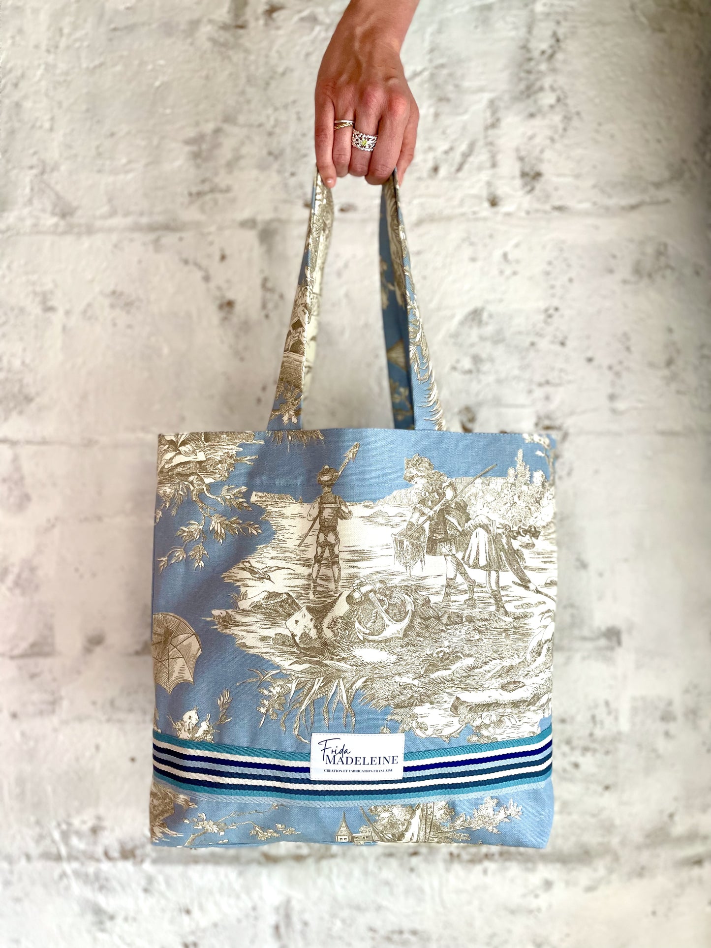 Tote Bag Marcel Bleu Minéral en toile de Jouy
