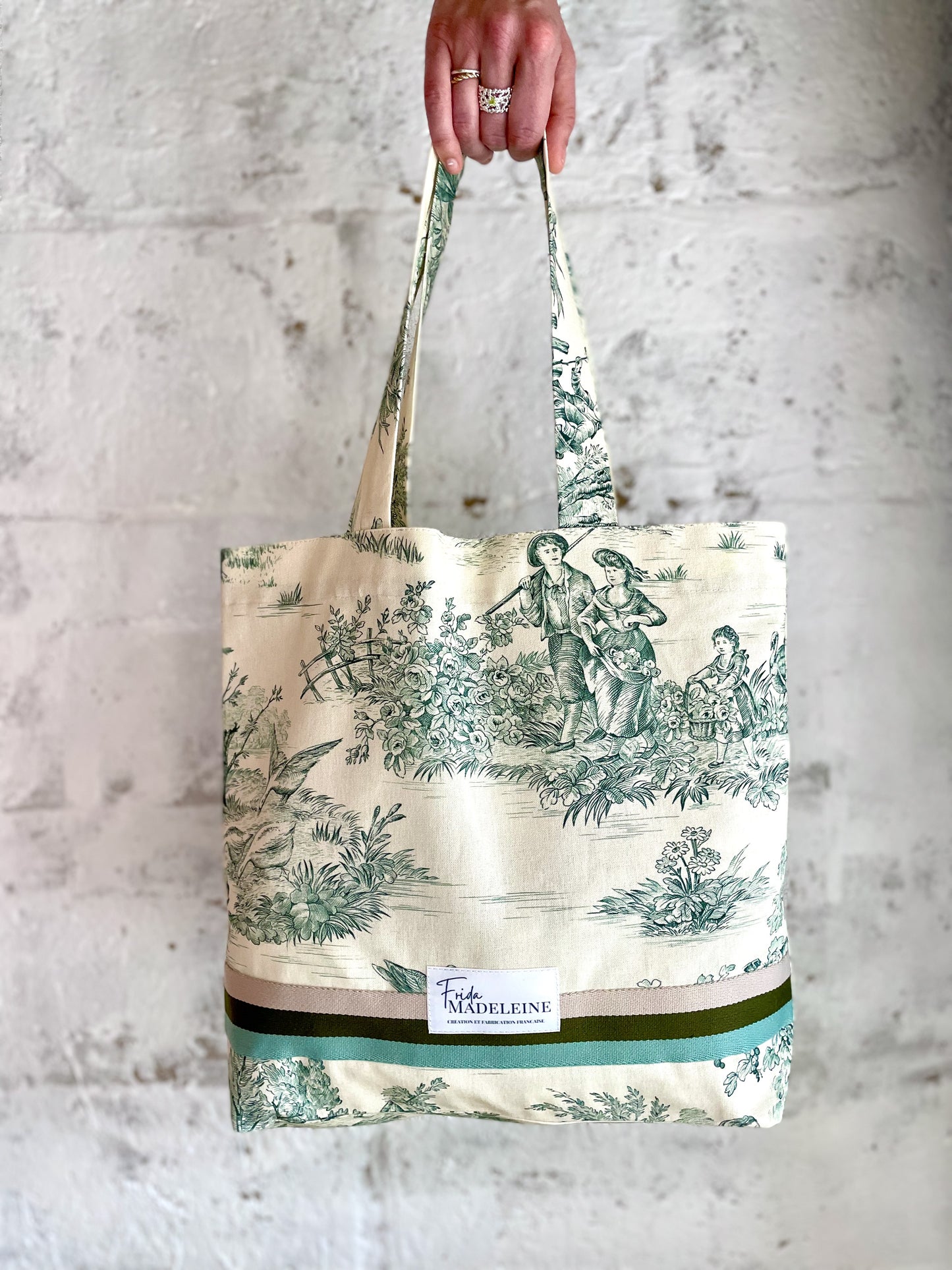 Tote Bag Marcel Ecru et Vert en toile de Jouy