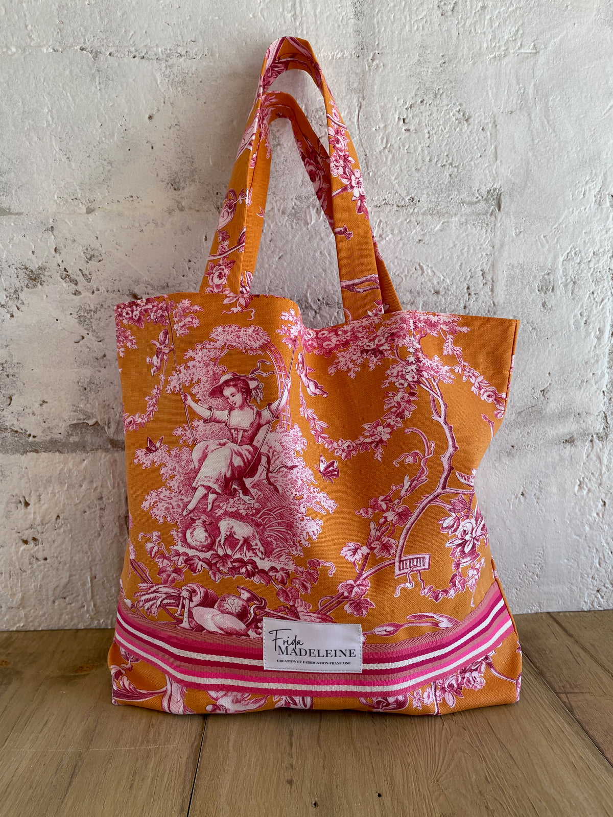 Tote Bag Marcel Orange en toile de Jouy