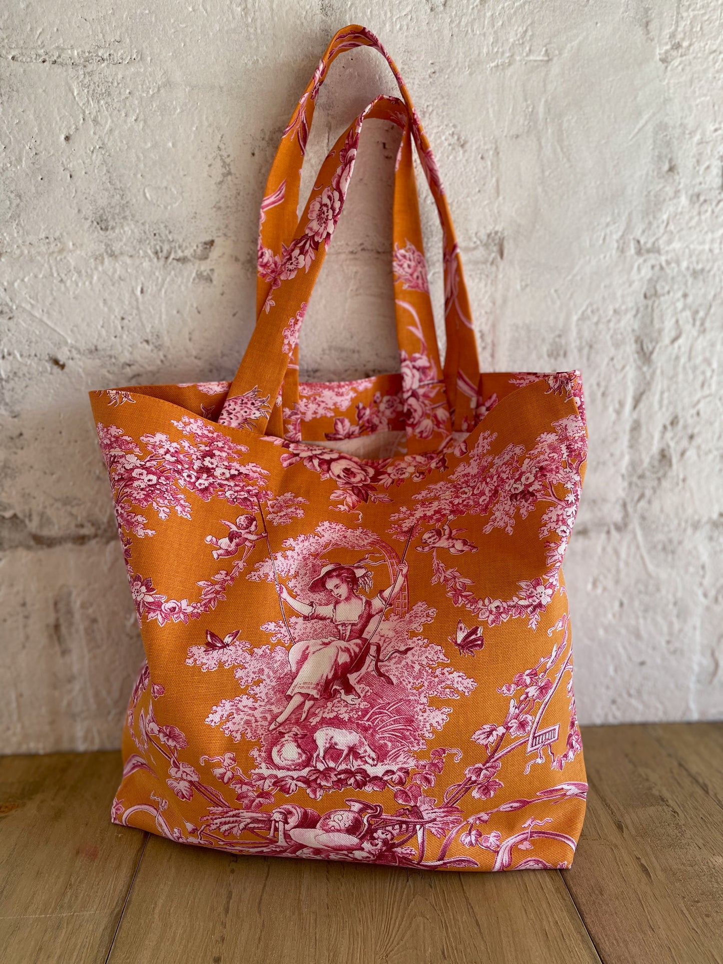 Tote Bag Marcel Orange en toile de Jouy