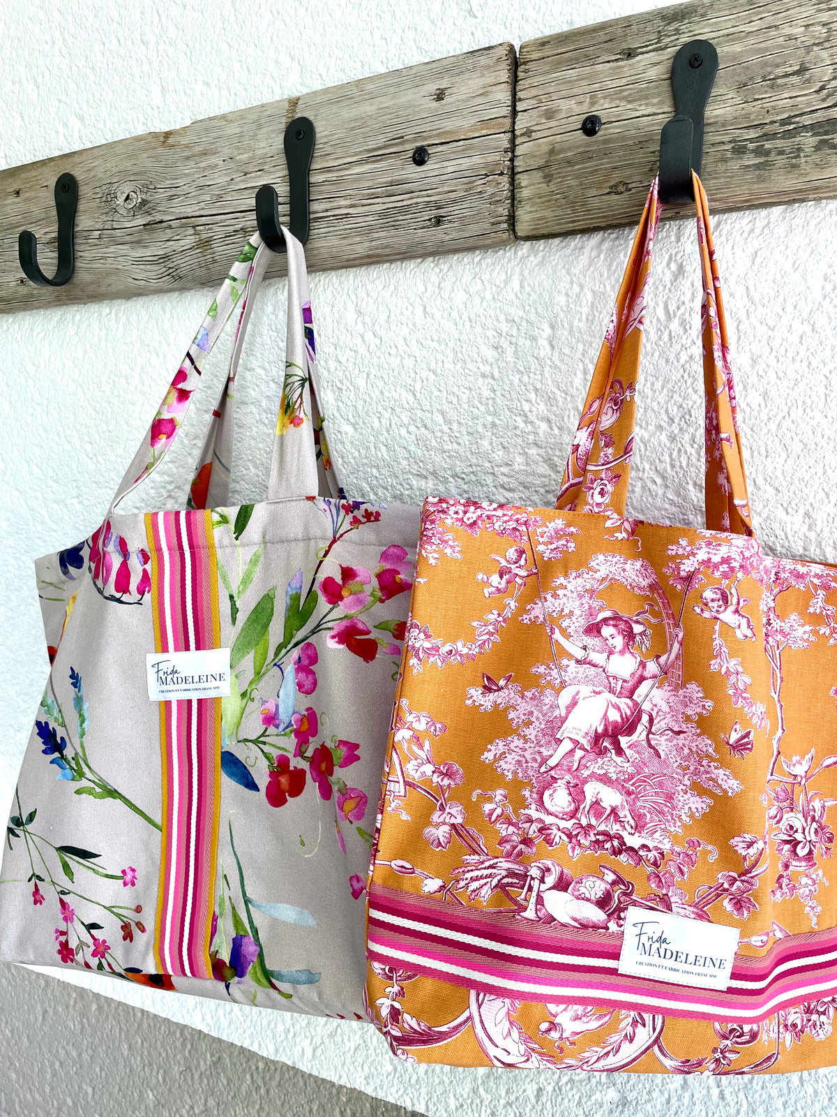 Tote Bag Marcel Orange en toile de Jouy