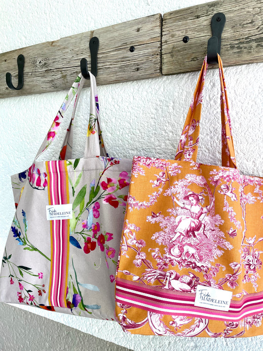 Tote Bag Marcel Orange en toile de Jouy