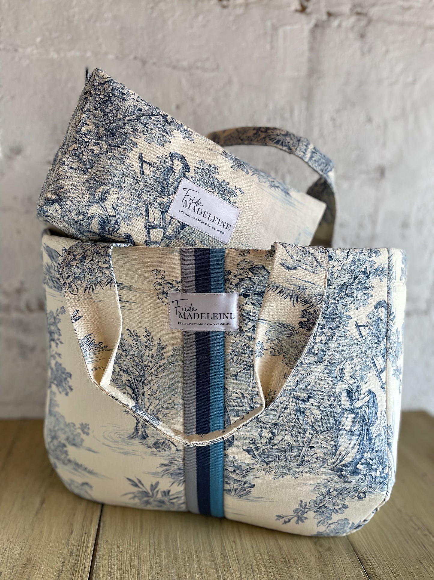Cabas Emile Ecru et bleu en toile de Jouy