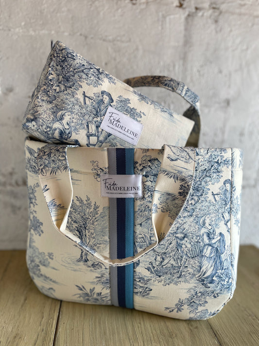 Cabas Emile Ecru et bleu en toile de Jouy