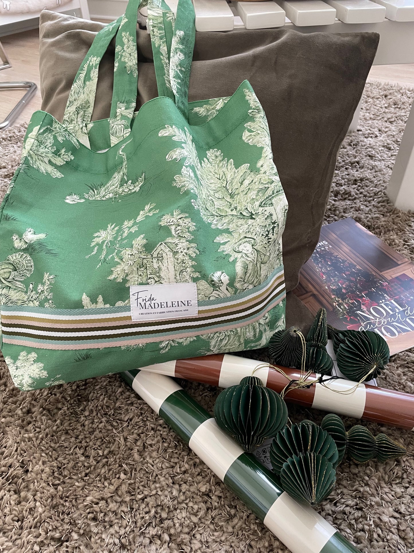 Tote Bag Marcel Vert Jardin en toile de Jouy