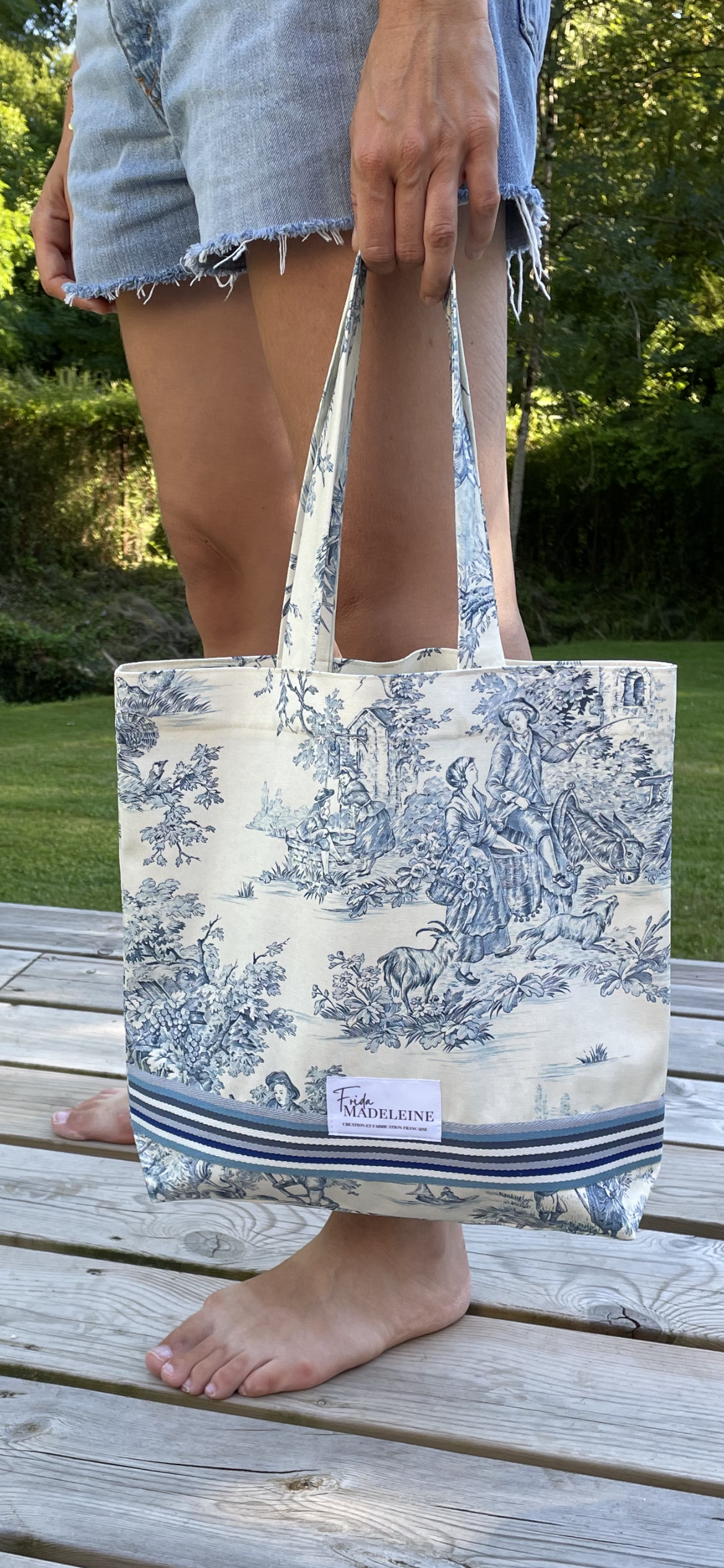 Tote Bag Marcel Écru et Bleu en toile de Jouy