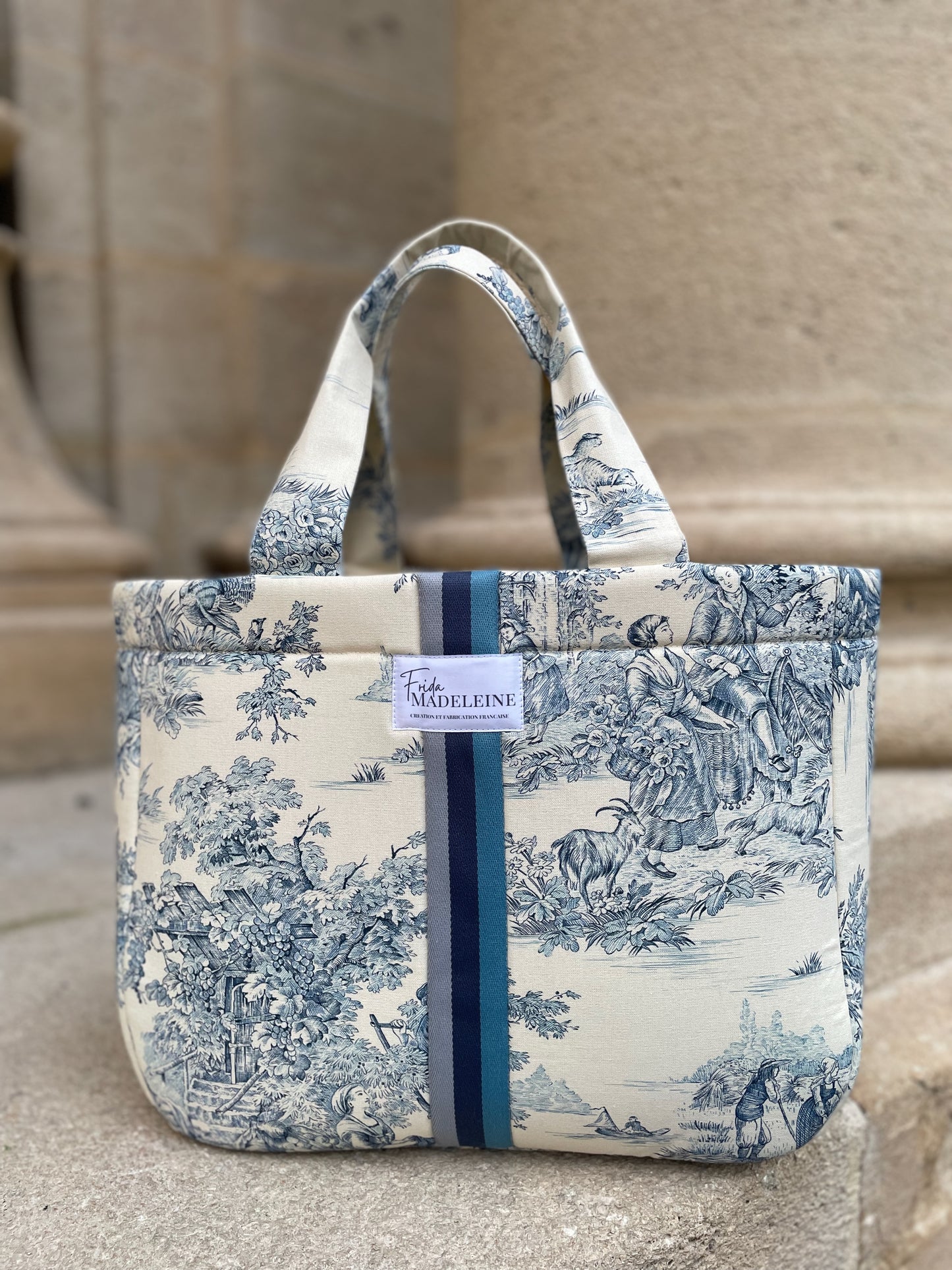 Cabas Emile Ecru et bleu en toile de Jouy