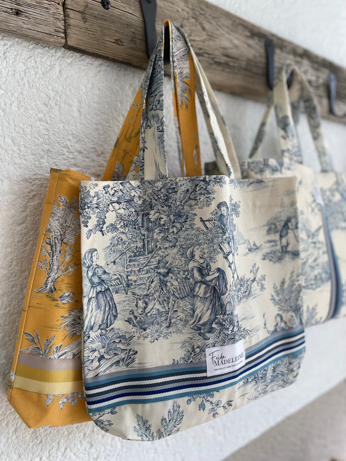 Tote Bag Marcel Écru et Bleu en toile de Jouy