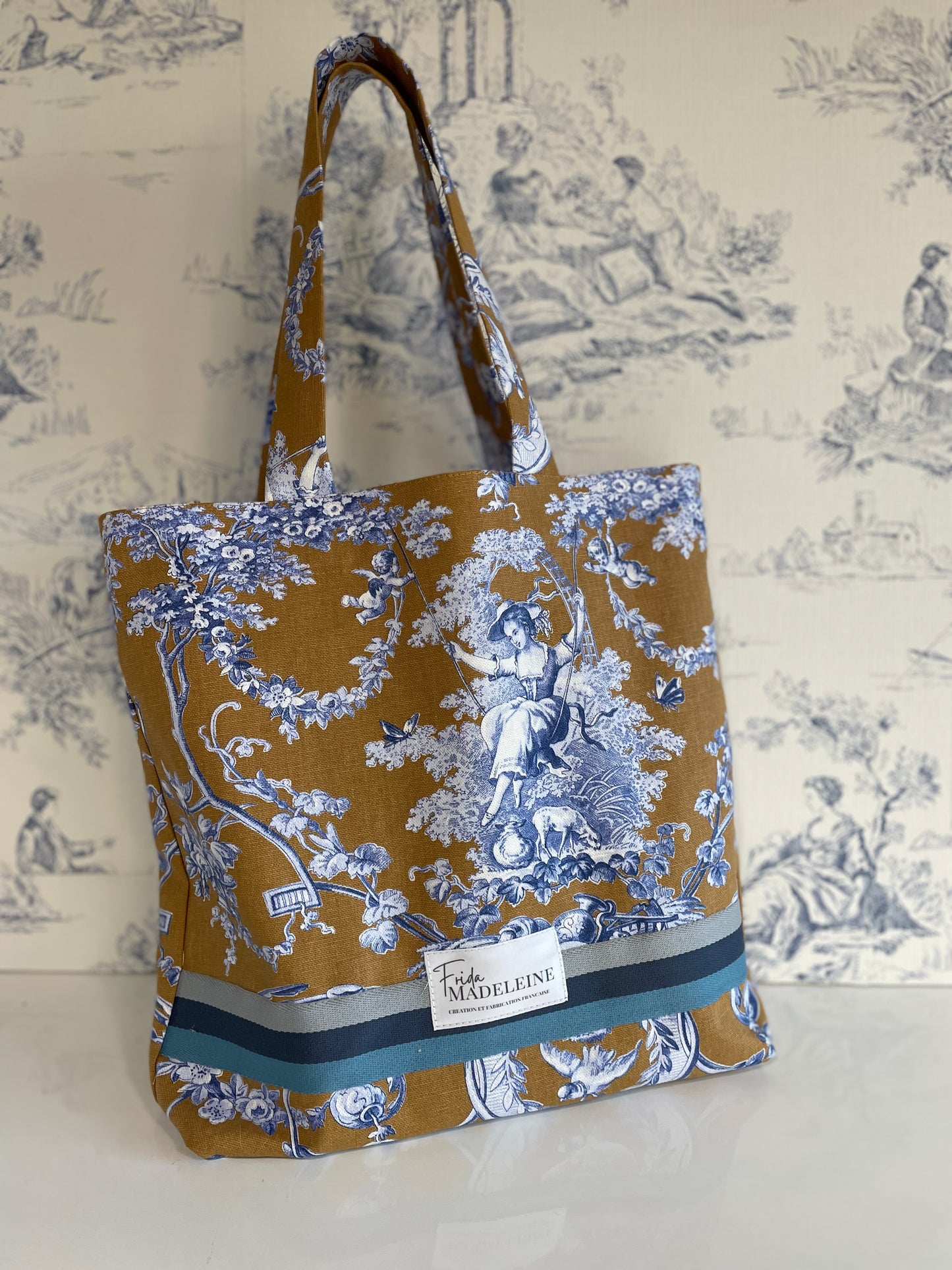 Tote Bag Marcel Camel et Bleu en Toile de Jouy