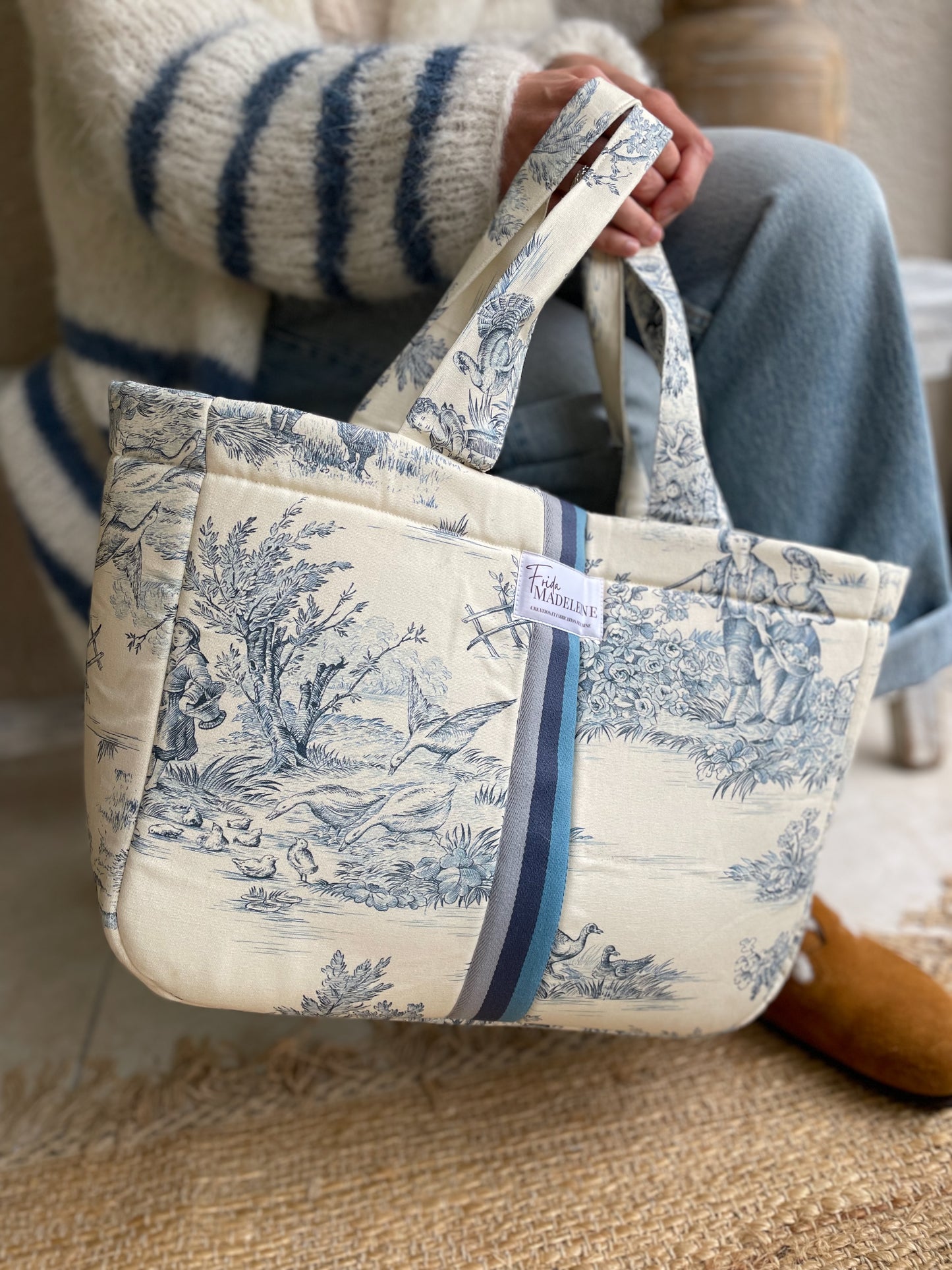 Cabas Emile Ecru et bleu en toile de Jouy