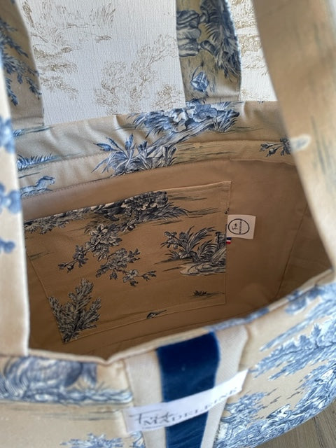 Cabas Emile Beige et Bleu en toile de Jouy