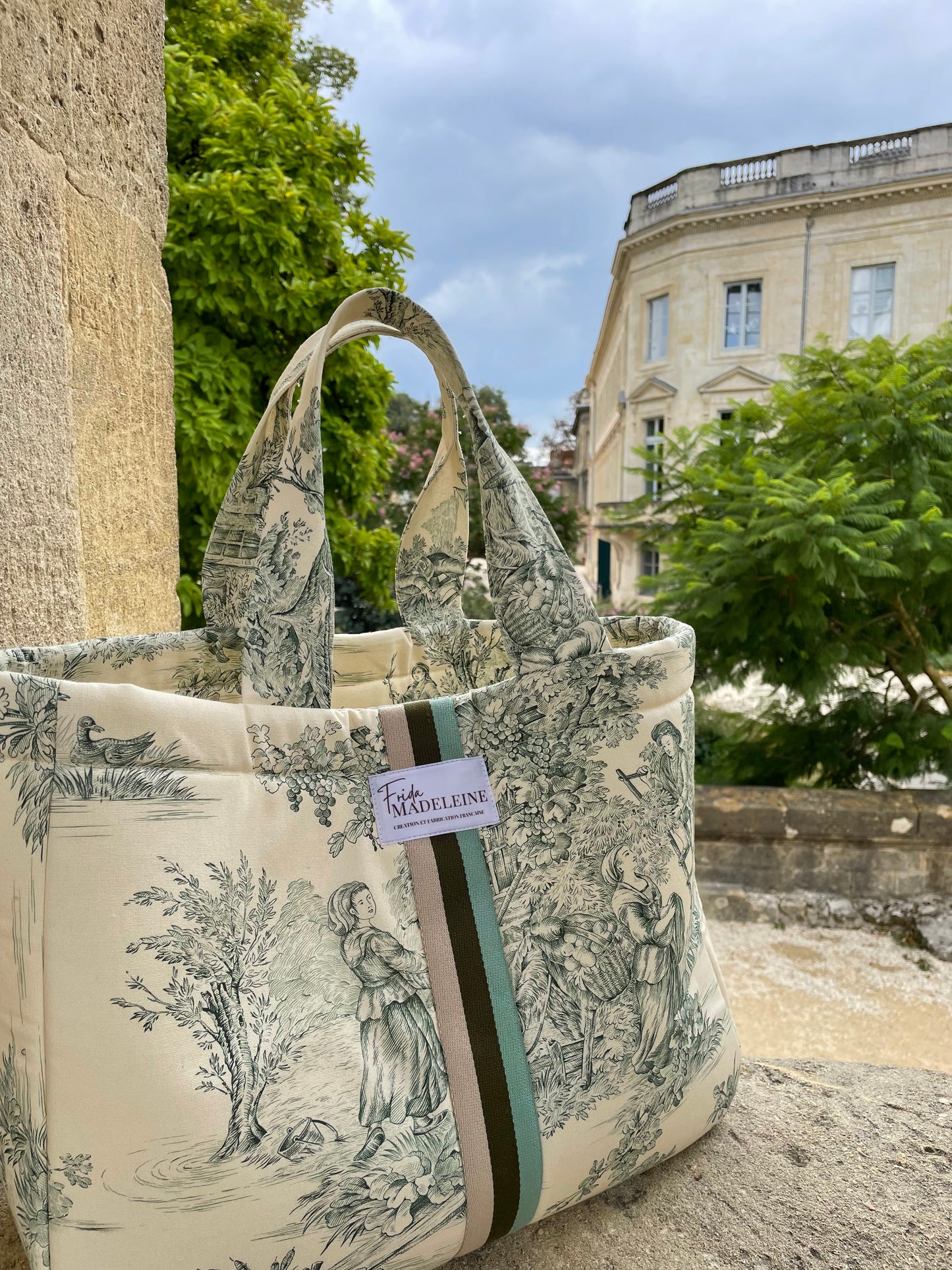 Cabas Emile Ecru et vert en toile de Jouy