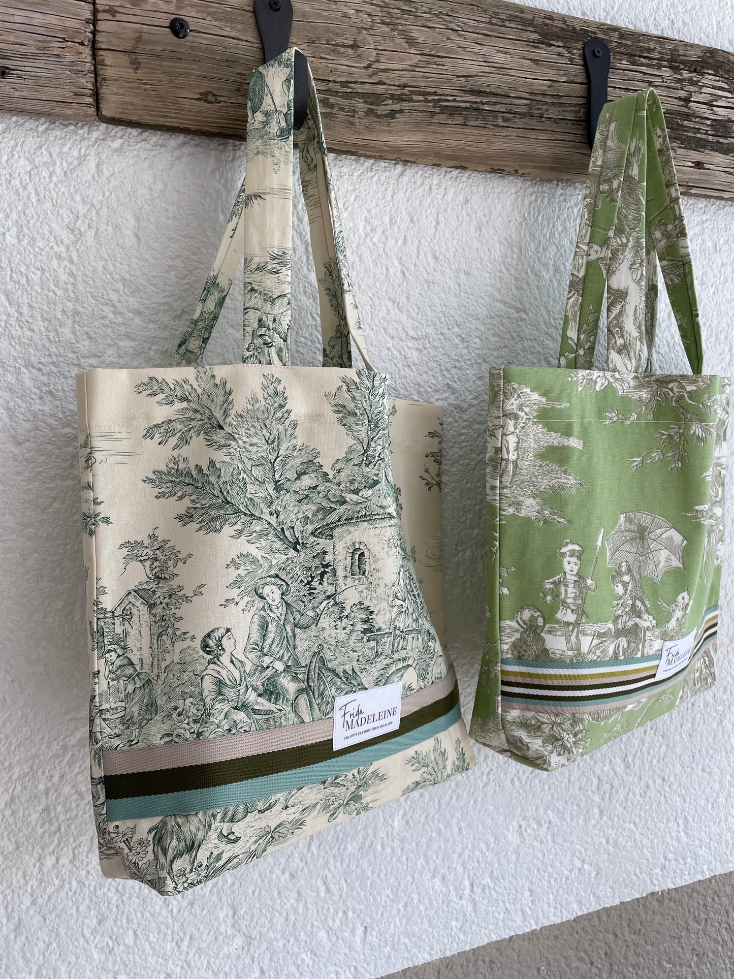 Tote Bag Marcel Ecru et Vert en toile de Jouy
