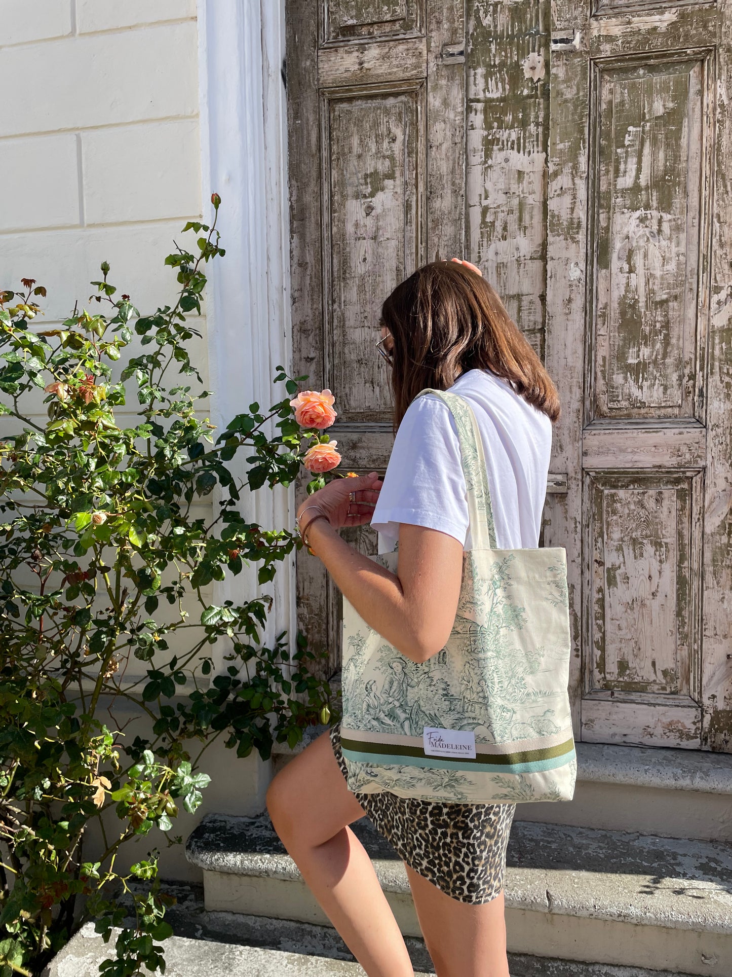 Tote Bag Marcel Ecru et Vert en toile de Jouy