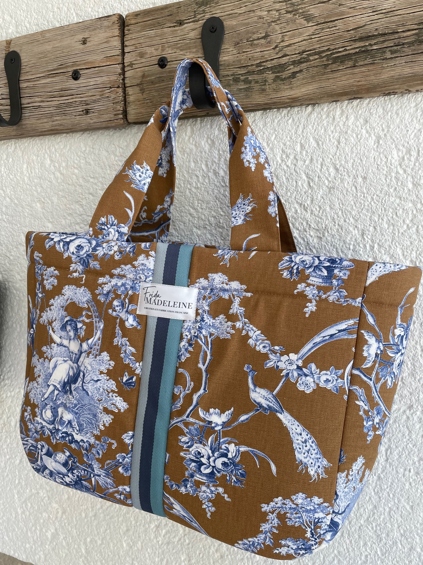 Cabas Emile Camel et Bleu en toile de Jouy