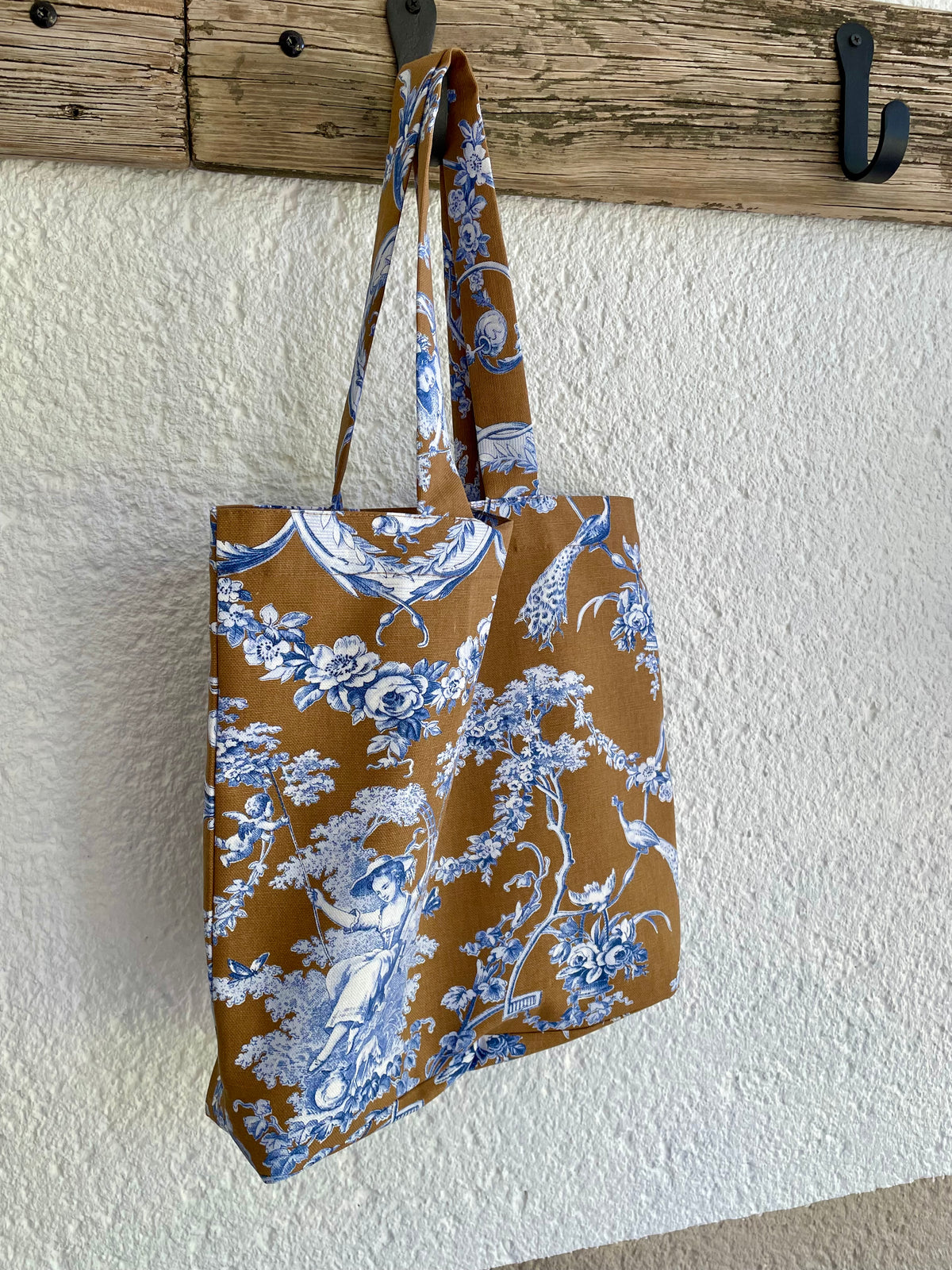 Tote Bag Marcel Camel et Bleu en Toile de Jouy
