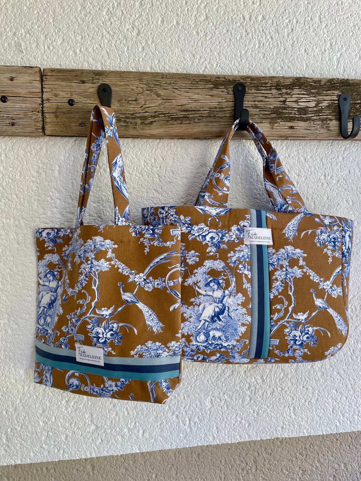 Tote Bag Marcel Camel et Bleu en Toile de Jouy
