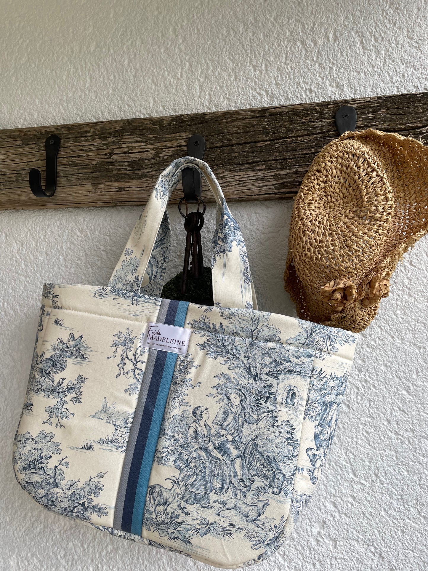 Cabas Emile Ecru et bleu en toile de Jouy