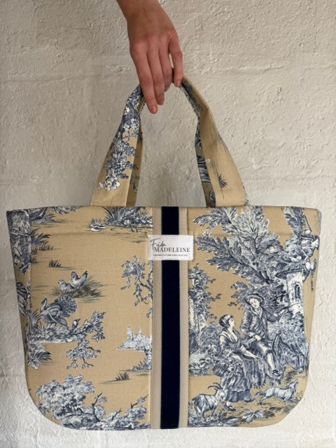 Cabas Emile Beige et Bleu en toile de Jouy