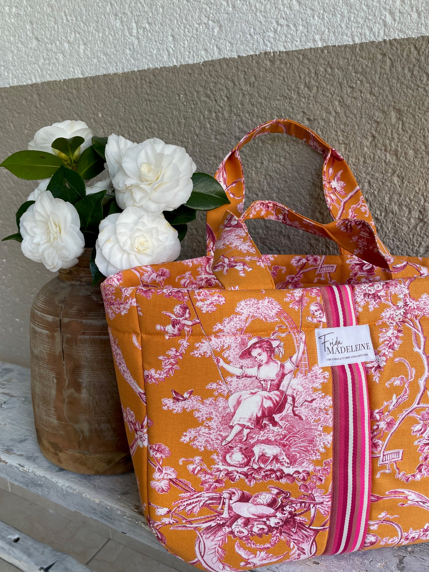 Cabas Emile Orange en toile de Jouy