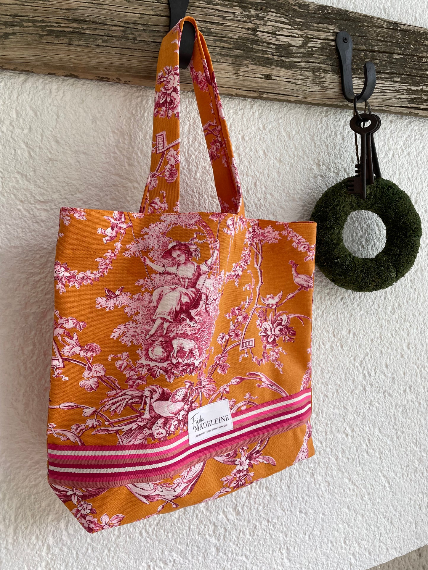 Tote Bag Marcel Orange en toile de Jouy
