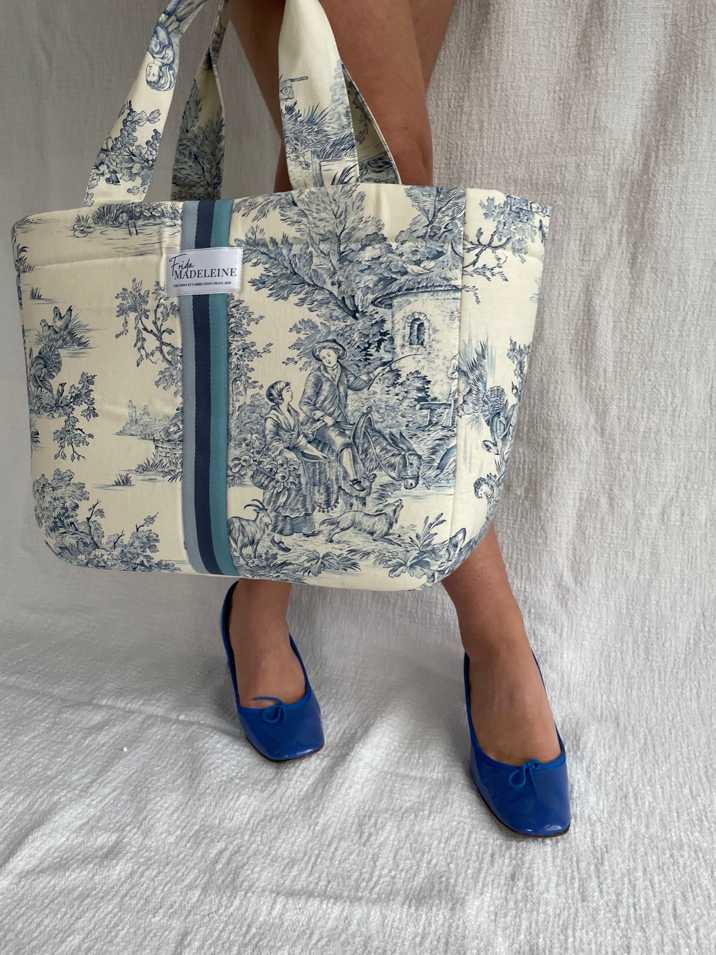 Cabas Emile Ecru et bleu en toile de Jouy