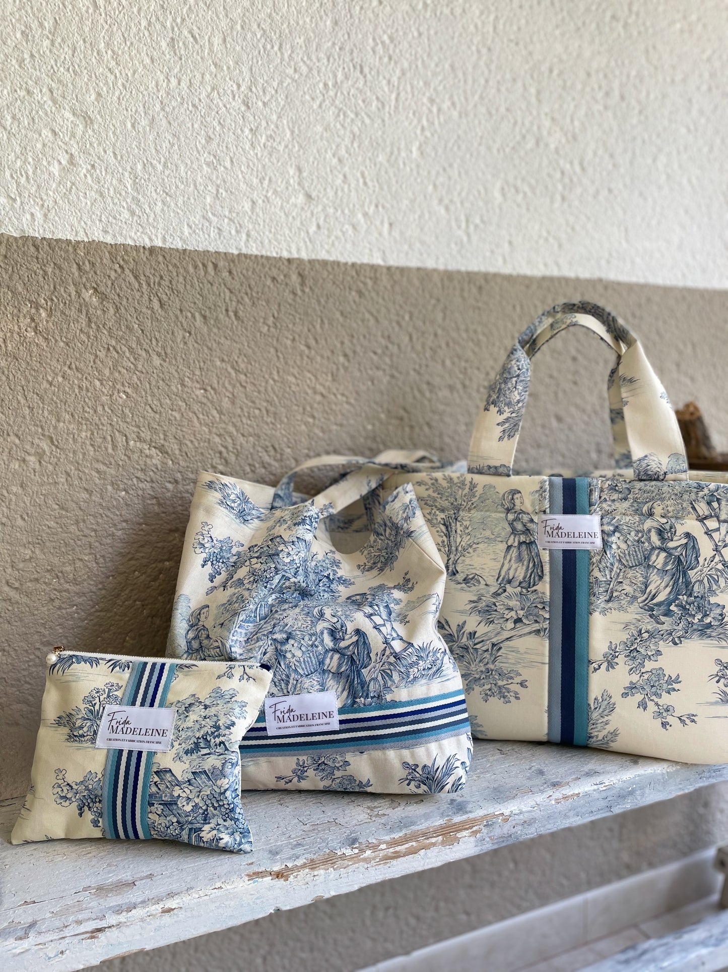 Cabas Emile Ecru et bleu en toile de Jouy